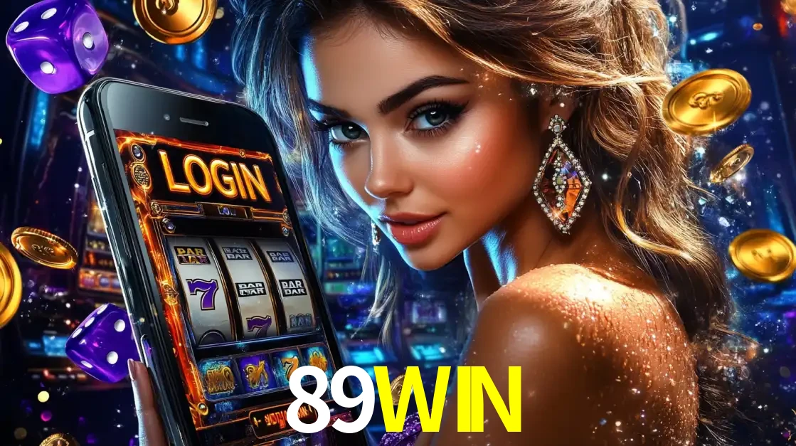 Mulher glamorosa segurando um smartphone com a tela de login para os jogos de caça-níqueis do cassino online 89WIN, com moedas de ouro e dados ao redor.