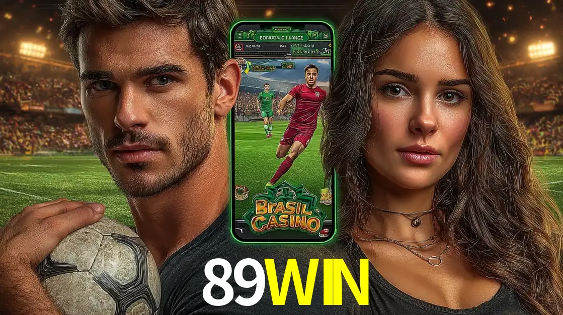 Homem segurando uma bola de futebol e uma mulher ao lado de um smartphone exibindo o jogo de apostas esportivas da 89WIN. Faça seu palpite no cassino online.